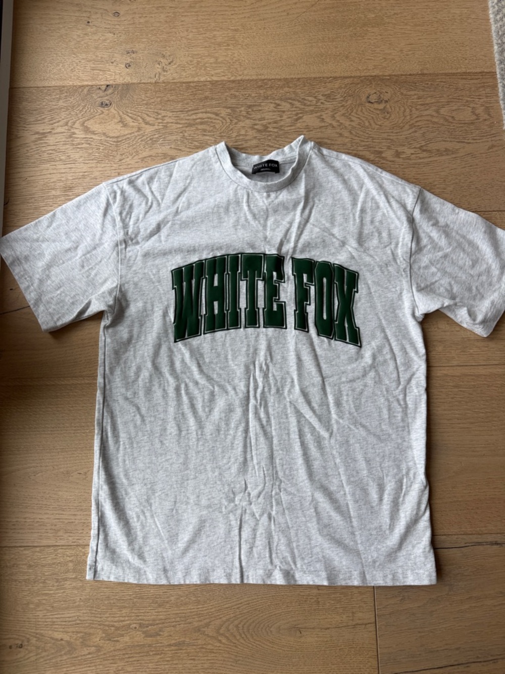White Fox Boutique Grey Tee with Dark Green Chest Logo